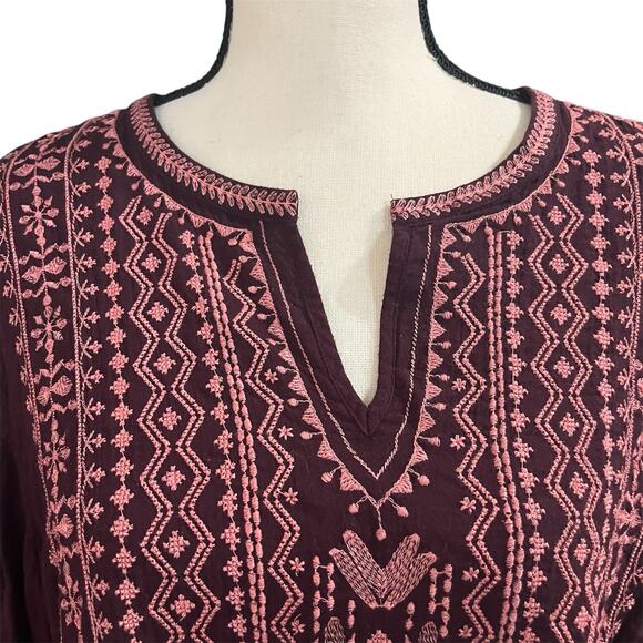Pure Jill Women 100% Cotton Embroidered Gauzy Boho Sheer Tunic Blouse Top Sz L - Picture 2 of 6